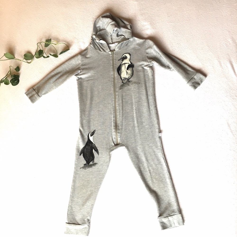 Hand painted upcycled grey penguin hooded romper